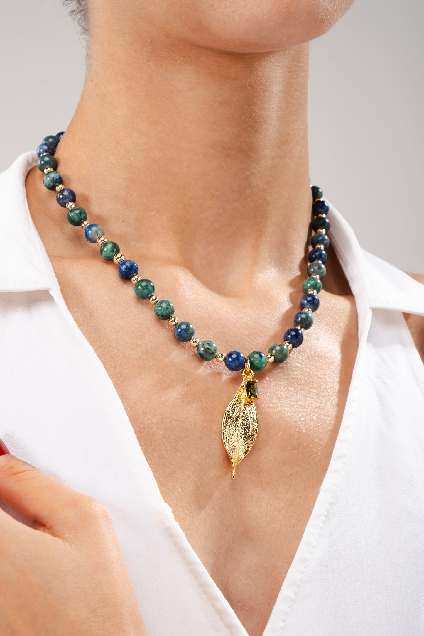 Azurite Gemstone Necklace with Leaf Charm