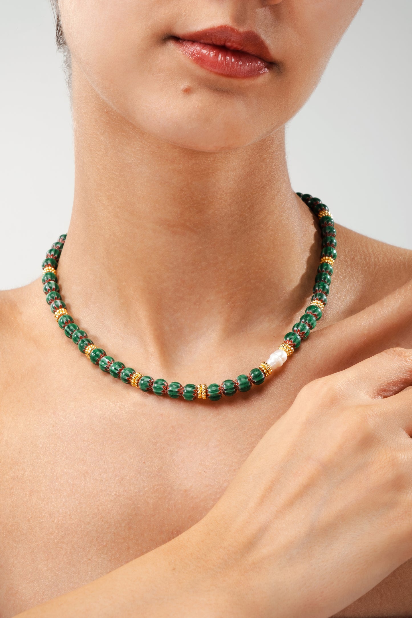 Green Chromo Chevron & Pearl Necklace
