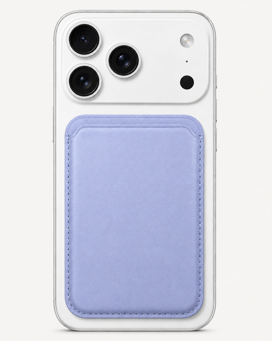Powder Lilac Sky MagSafe card holder — snap-on iPhone wallet, holds 2–3 cards slim