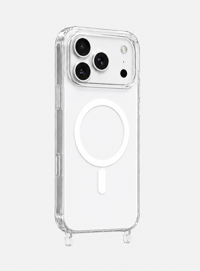 iPhone 17 Pro Max Clear Case Magsafe with built-in strap ring — slim clear back, compatible with all Charmolé phone straps