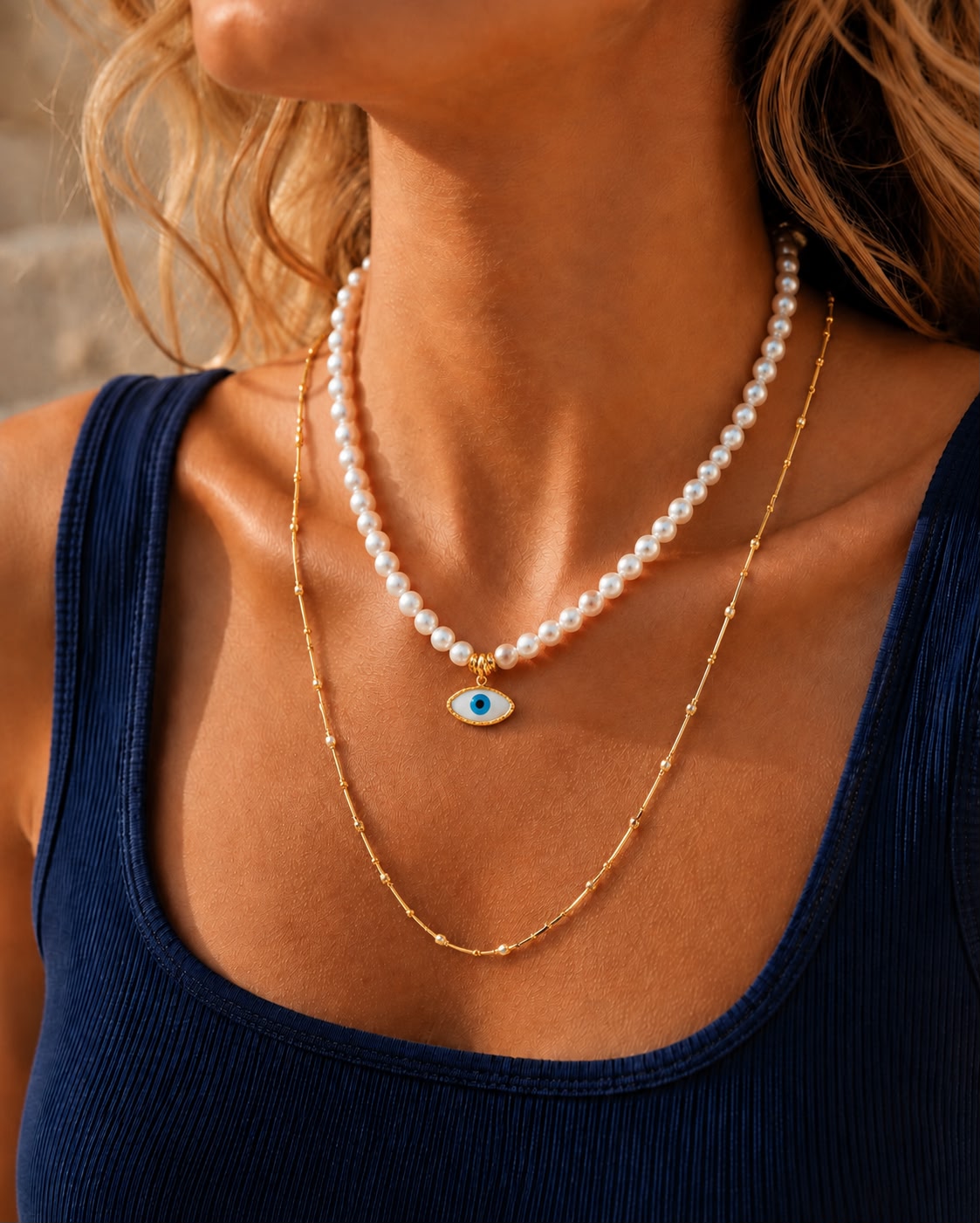 Guardian Pearl Necklace on décolleté