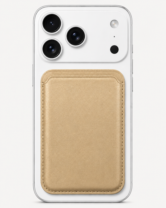 Desert Gold Beige MagSafe card holder — snap-on iPhone wallet, holds 2–3 cards slim