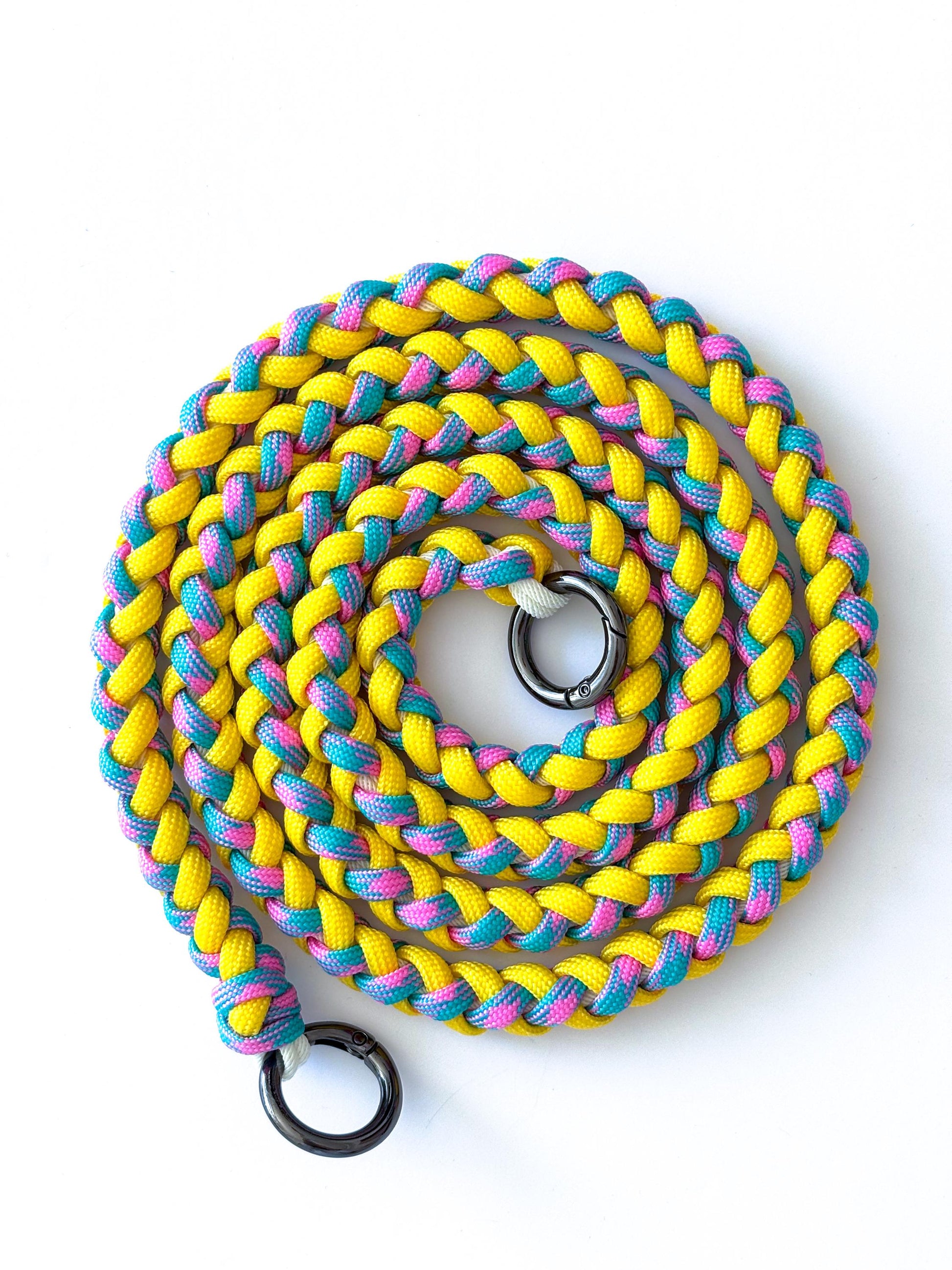 Close-up of Citrus Twist macrame crossbody strap showing hand-knotted pattern and cord texture
