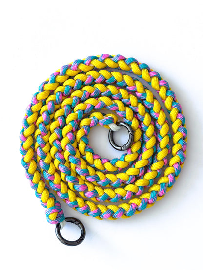 Close-up of Citrus Twist macrame crossbody strap showing hand-knotted pattern and cord texture

