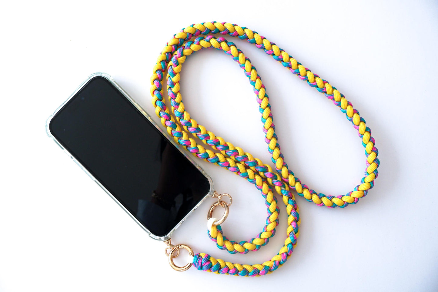 Citrus Twist hand-knotted macrame crossbody strap on a white background