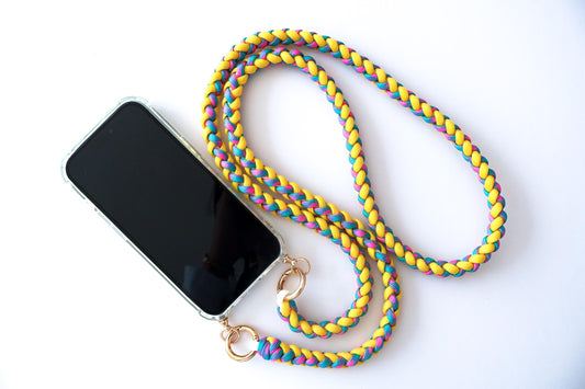 Citrus Twist hand-knotted macrame crossbody strap on a white background