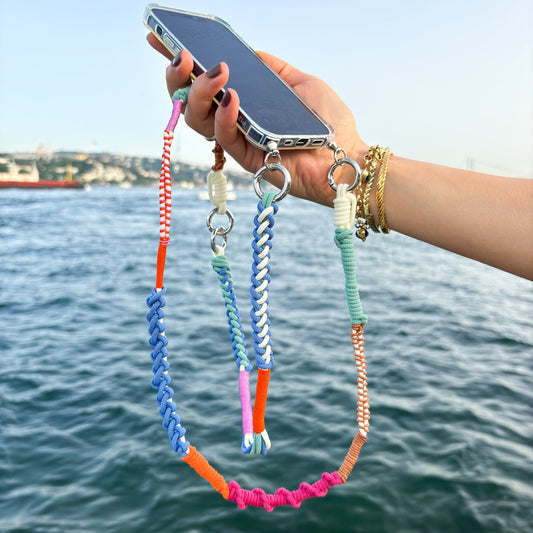Coastal Mix macramé crossbody strap worn hands-free — cool coastal blue hand-braided Milan cord