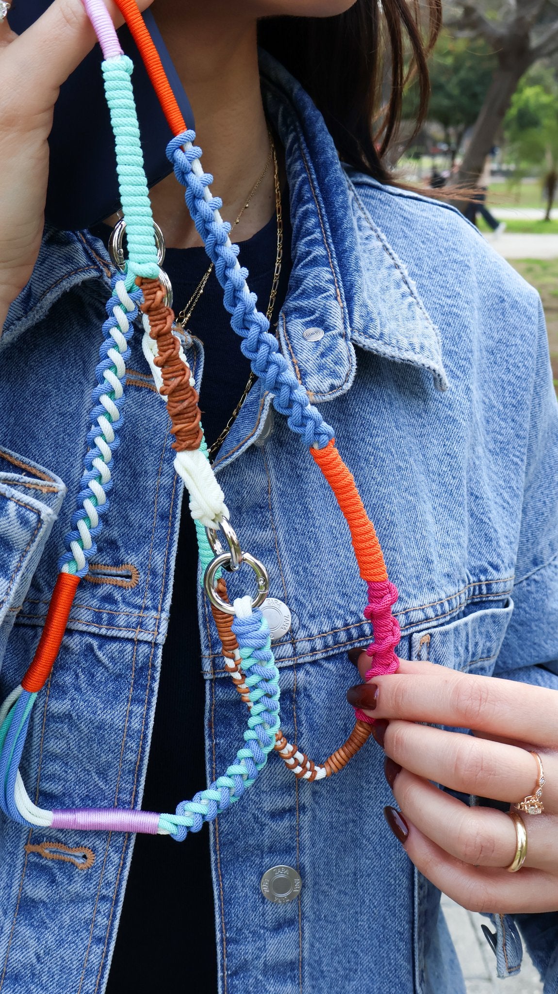 Coastal Mix crossbody strap detail — handmade macramé knots and interchangeable clip connector