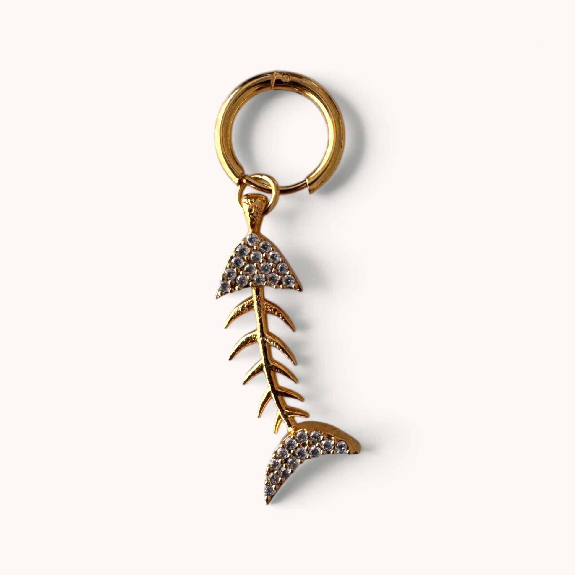 Crystal Sardine bikini charm, gold fishbone with clear crystal pavé fins on a gold clasp ring