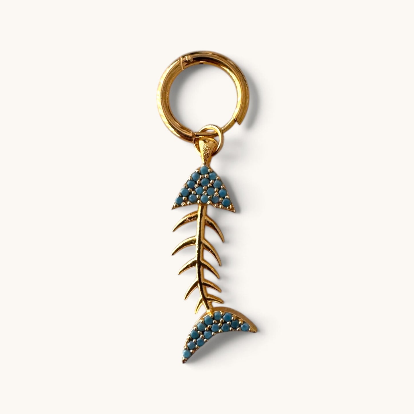 Turquoise Sardine bikini charm, gold fishbone with turquoise pavé fins on a gold clasp ring