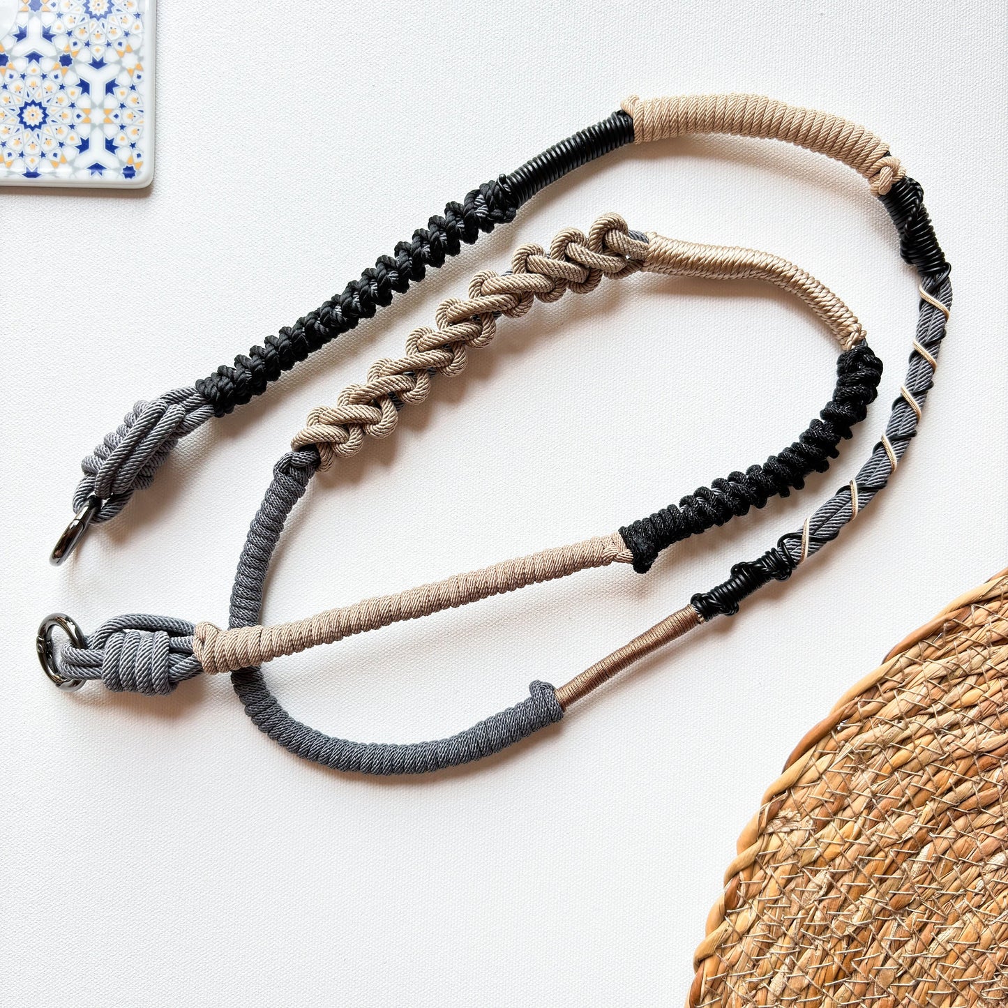 Close-up of Granite Shore macrame crossbody strap showing hand-knotted pattern and cord texture
