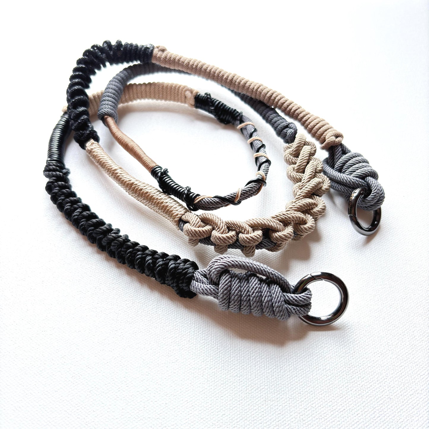 Granite Shore hand-knotted macrame crossbody strap - Milan cord flat lay on white background