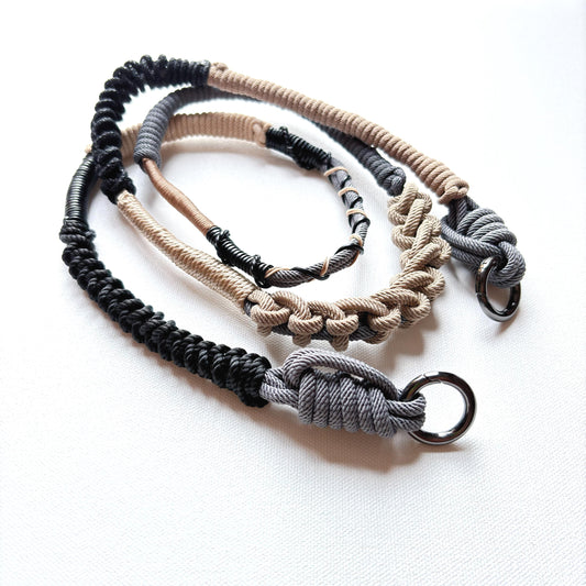 Granite Shore hand-knotted macrame crossbody strap - Milan cord flat lay on white background
