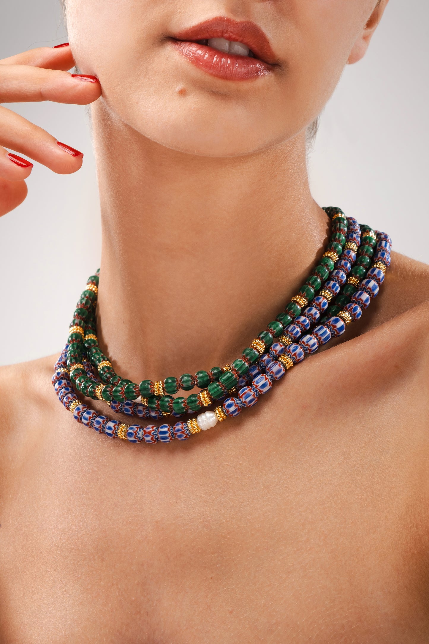 Green and blue Chromo Chevron & Pearl Necklace