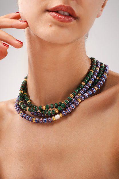 Green and blue Chromo Chevron & Pearl Necklace