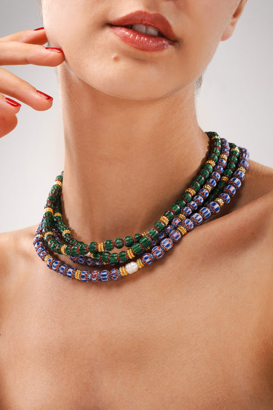 Green and blue Chromo Chevron & Pearl Necklace