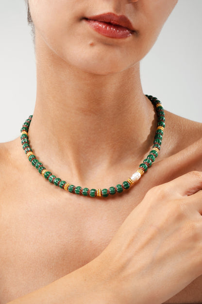 Green Chromo Chevron & Pearl Necklace