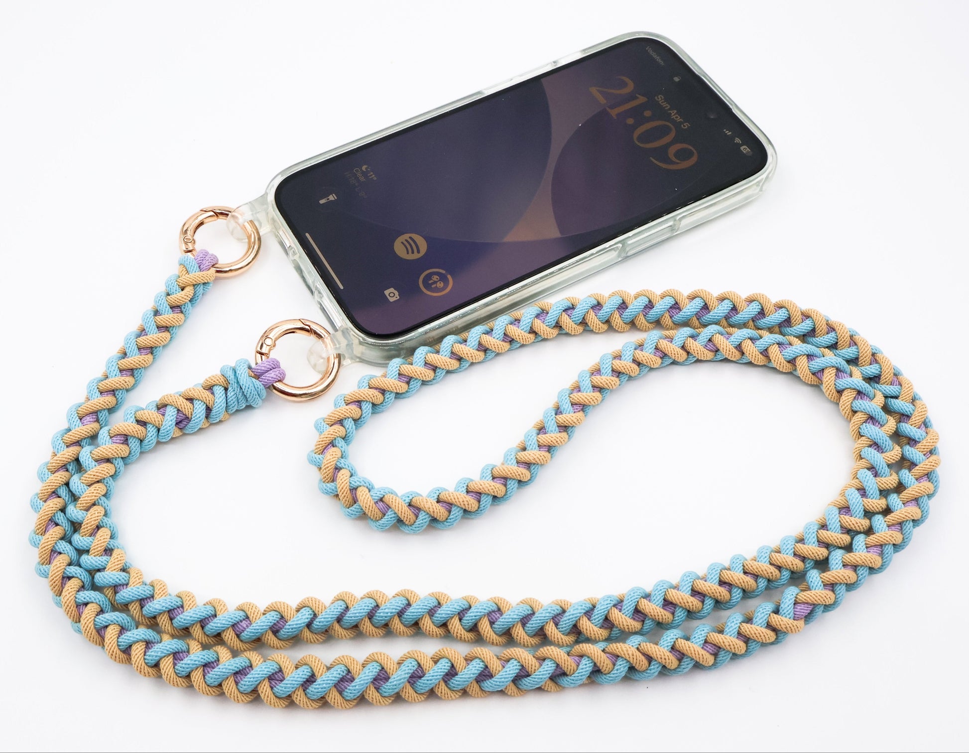 Laguna Breeze macrame crossbody strap with phone - flat lay showing full strap length