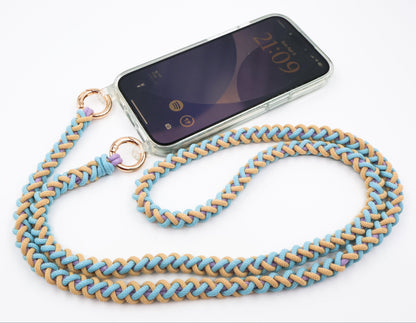 Laguna Breeze macrame crossbody strap with phone - flat lay showing full strap length