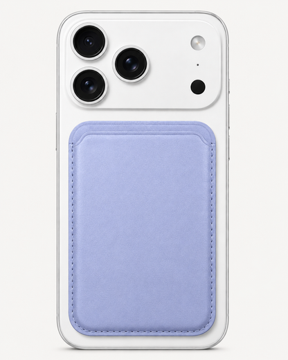 Powder Lilac Sky MagSafe card holder — snap-on iPhone wallet, holds 2–3 cards slim