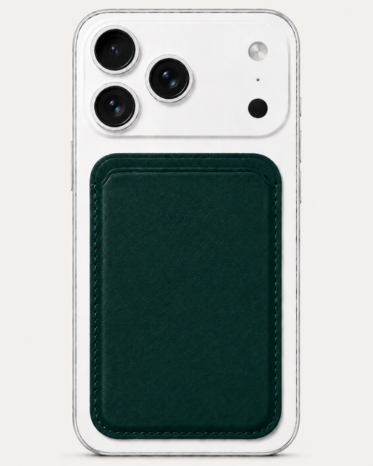 Obsidian Green MagSafe card holder — snap-on iPhone wallet, holds 2–3 cards slim