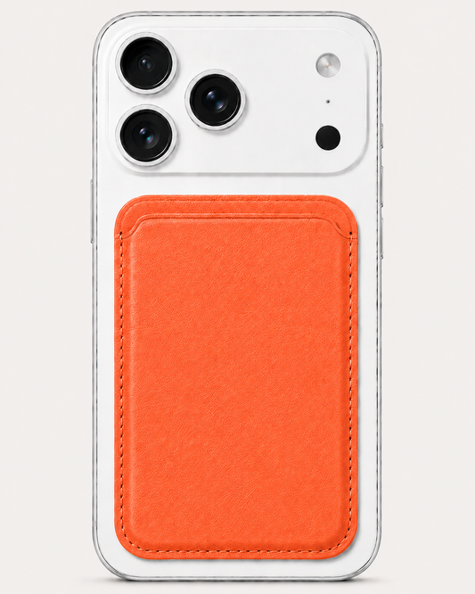 Peach Tangerine MagSafe card holder — snap-on iPhone wallet, holds 2–3 cards slim