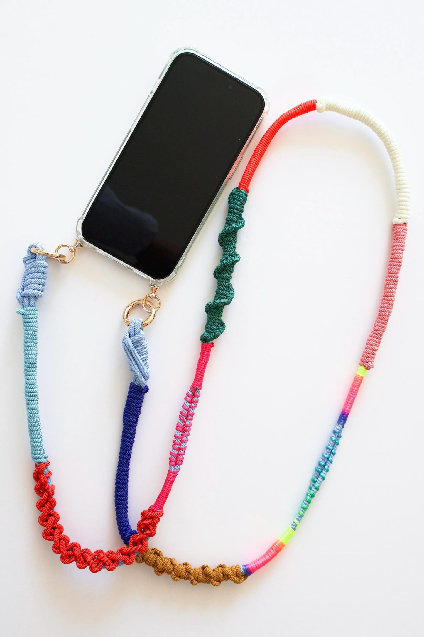 Prism Coast macrame crossbody strap with phone - flat lay showing full strap length