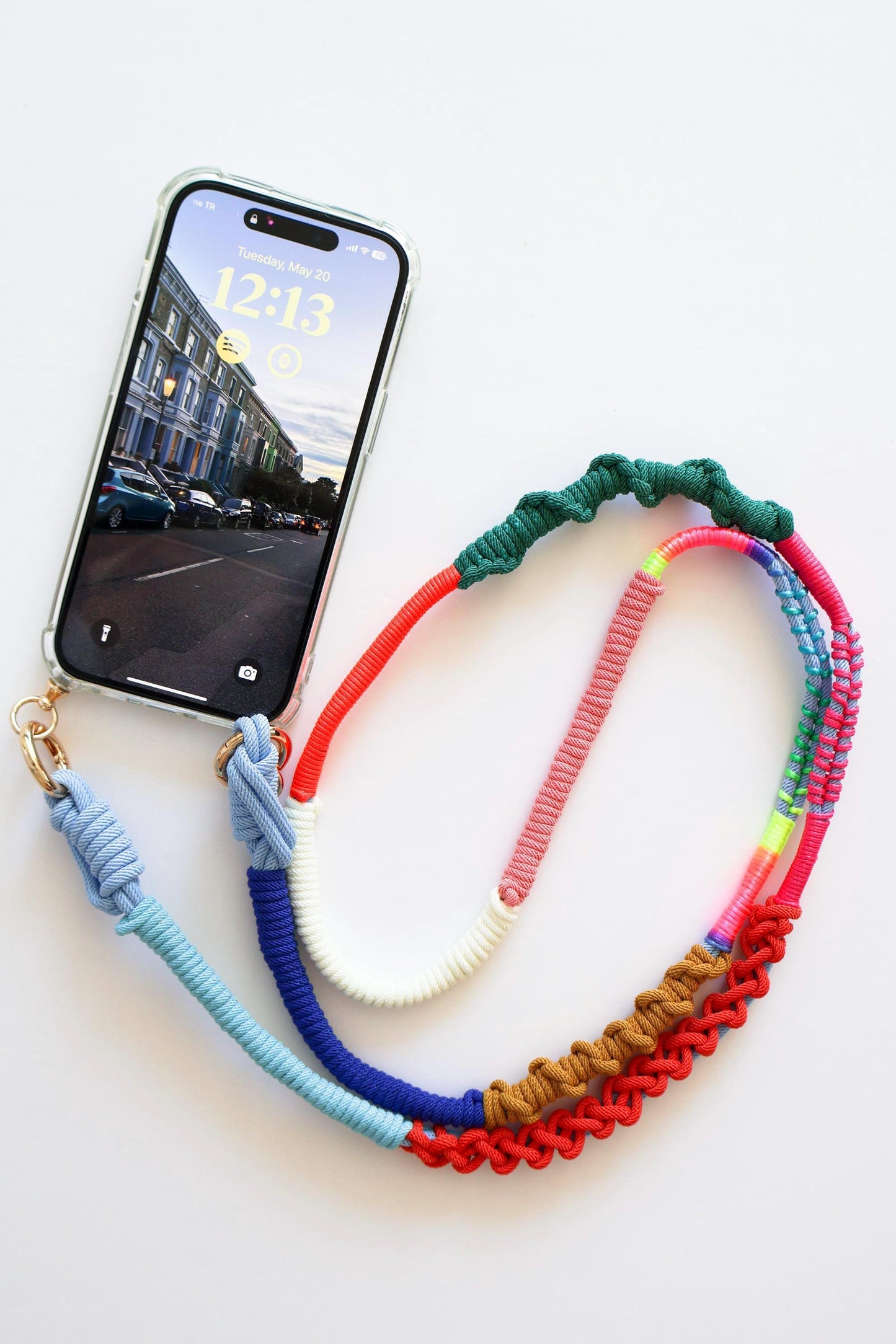 Close-up of Prism Coast macrame crossbody strap showing hand-knotted pattern and cord texture