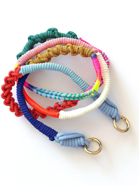 Prism Coast hand-knotted macrame crossbody strap - Milan cord flat lay on white background
