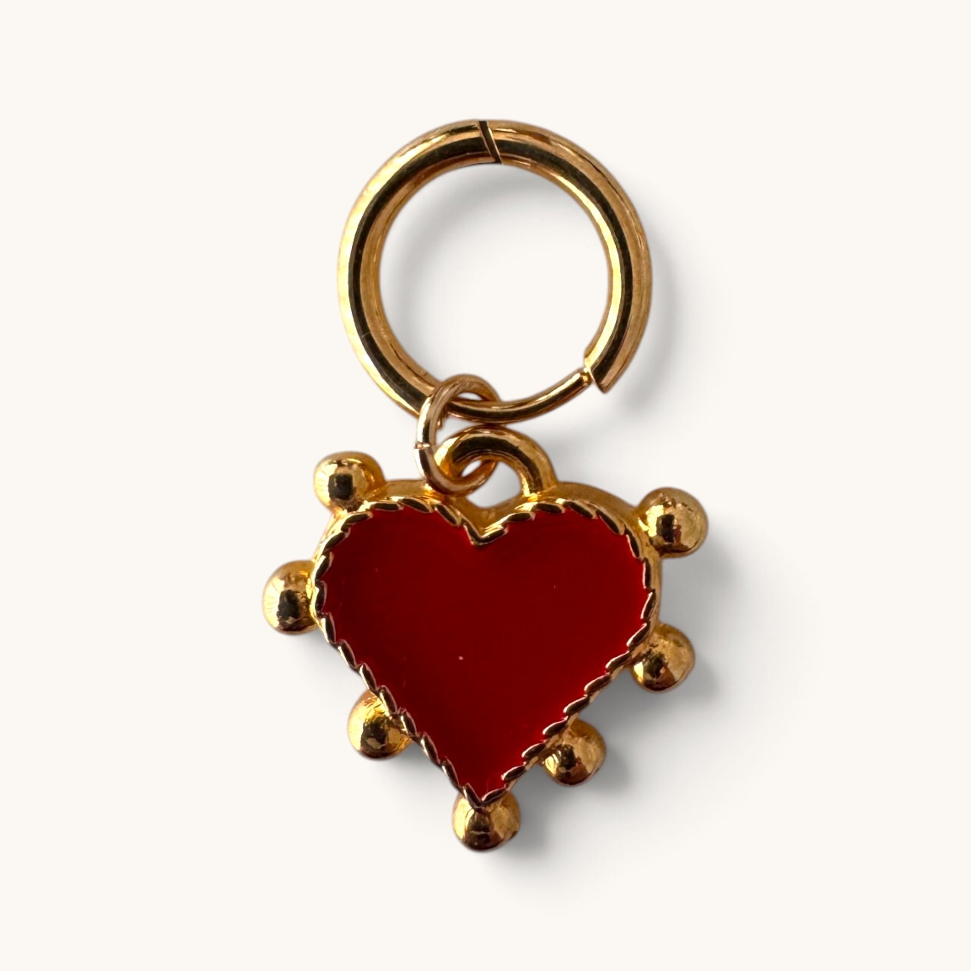 Amore bikini charm, red enamel heart with a beaded gold edge on a gold clasp ring