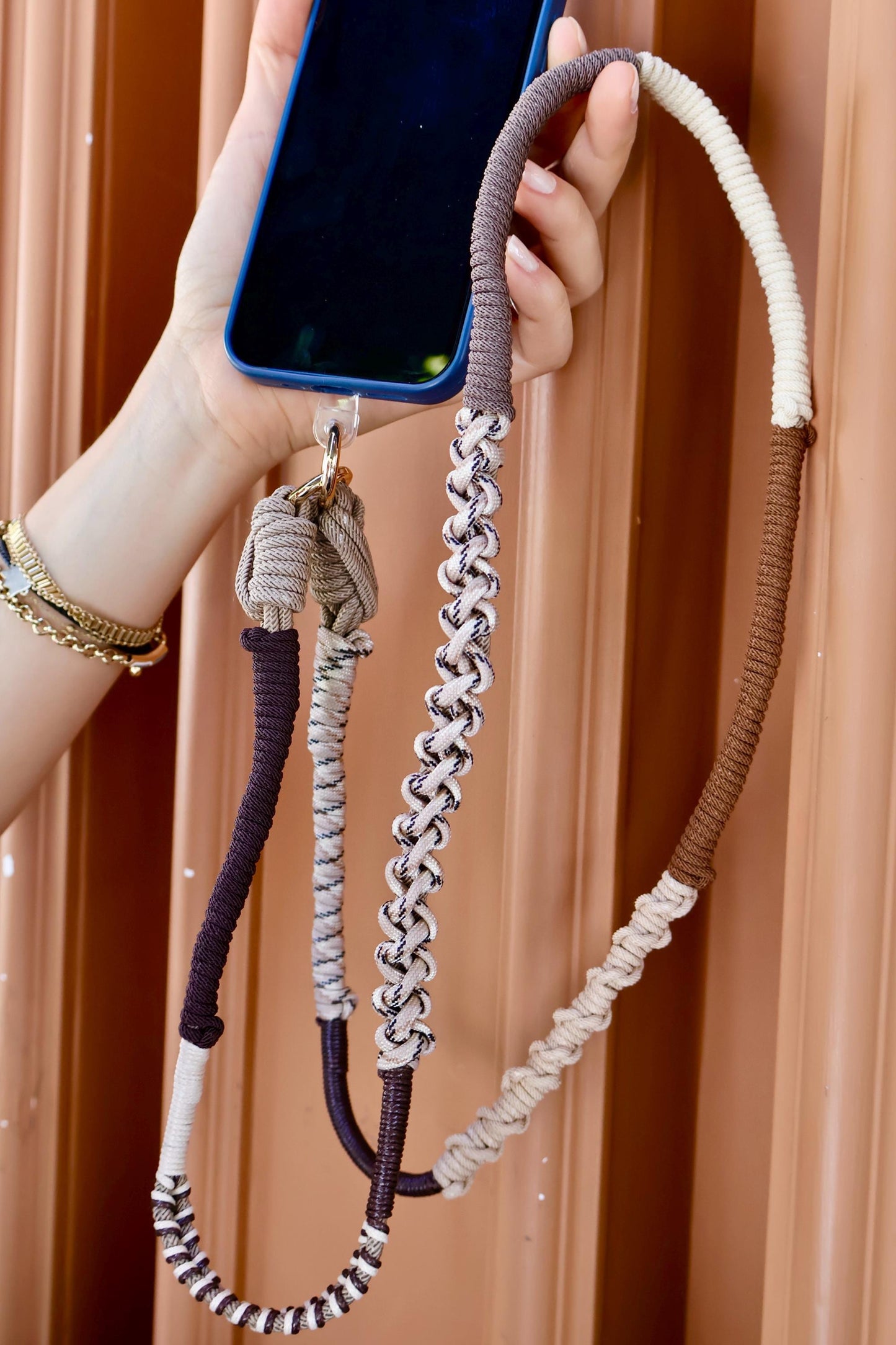 Close-up of Sienna Ridge macrame crossbody strap showing hand-knotted pattern and cord texture