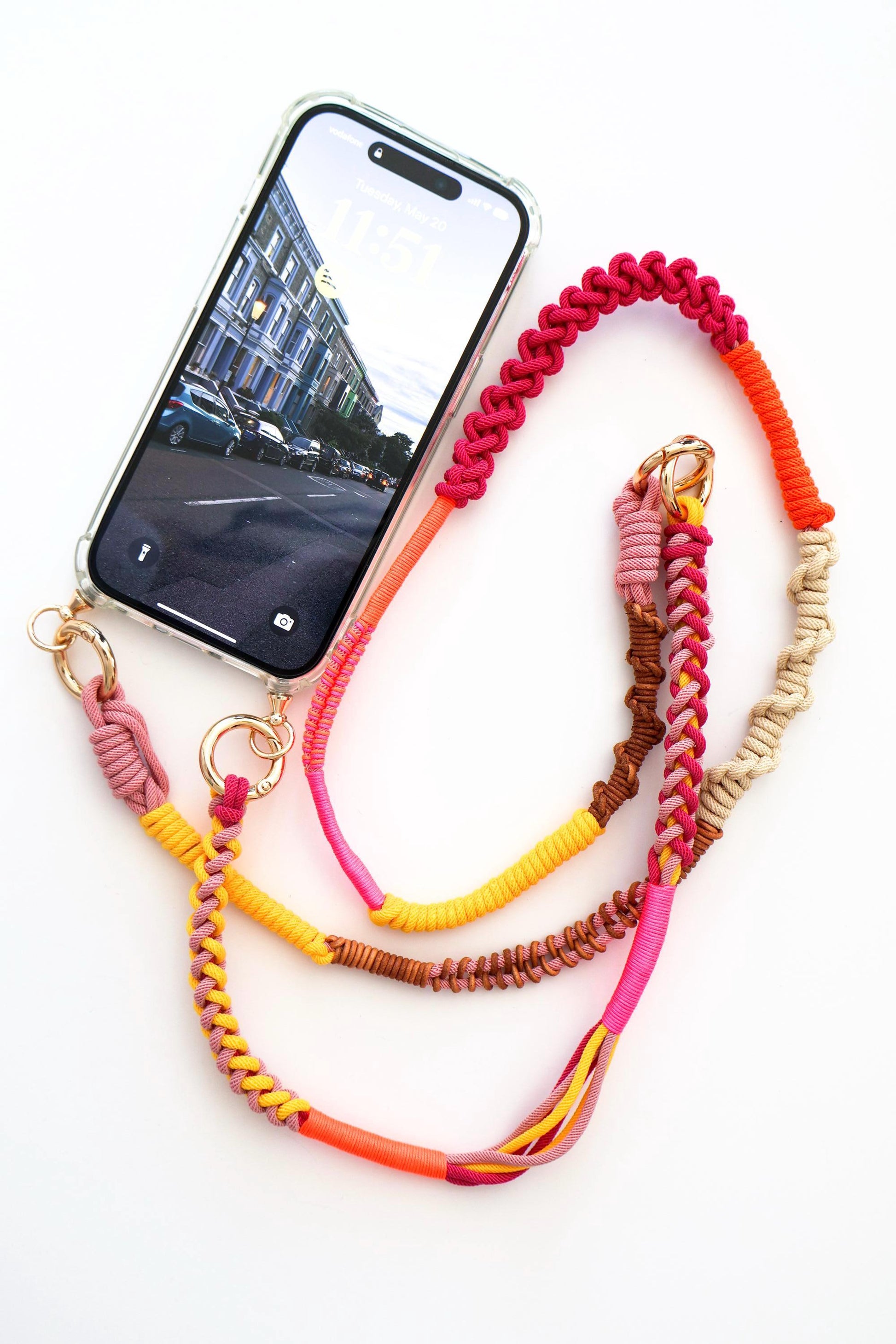 Sunset Rose modular phone strap set — strap worn as crossbody with phone attached