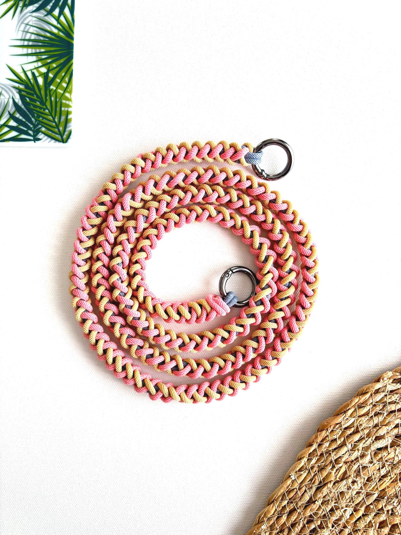 Sunset Sand hand-knotted macrame crossbody strap - Milan cord flat lay on white background