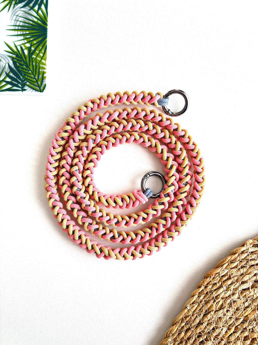 Sunset Sand hand-knotted macrame crossbody strap - Milan cord flat lay on white background