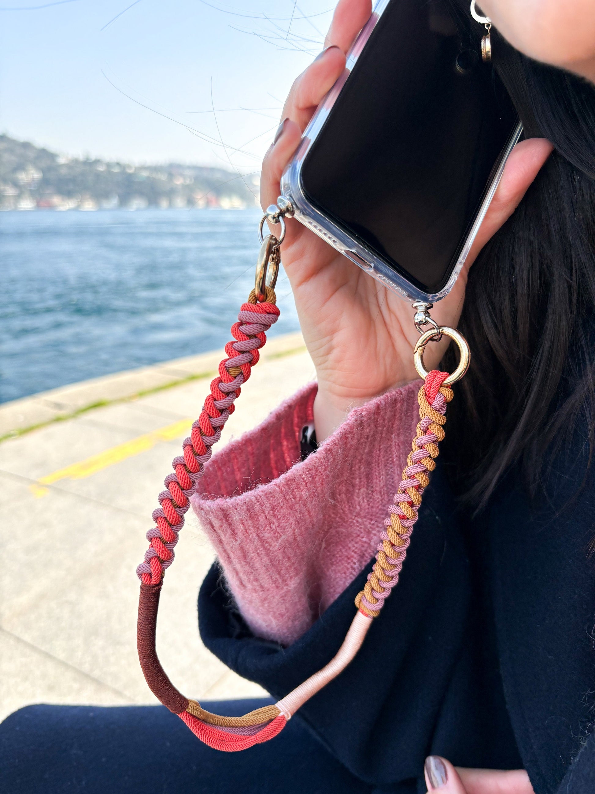 Terracotta Sand modular phone strap — interchangeable clips and terracotta mix cord lifestyle detail