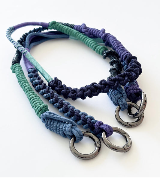 Twilight Blue handmade macramé crossbody strap — moody navy and cool blue Milan cord phone strap flat lay