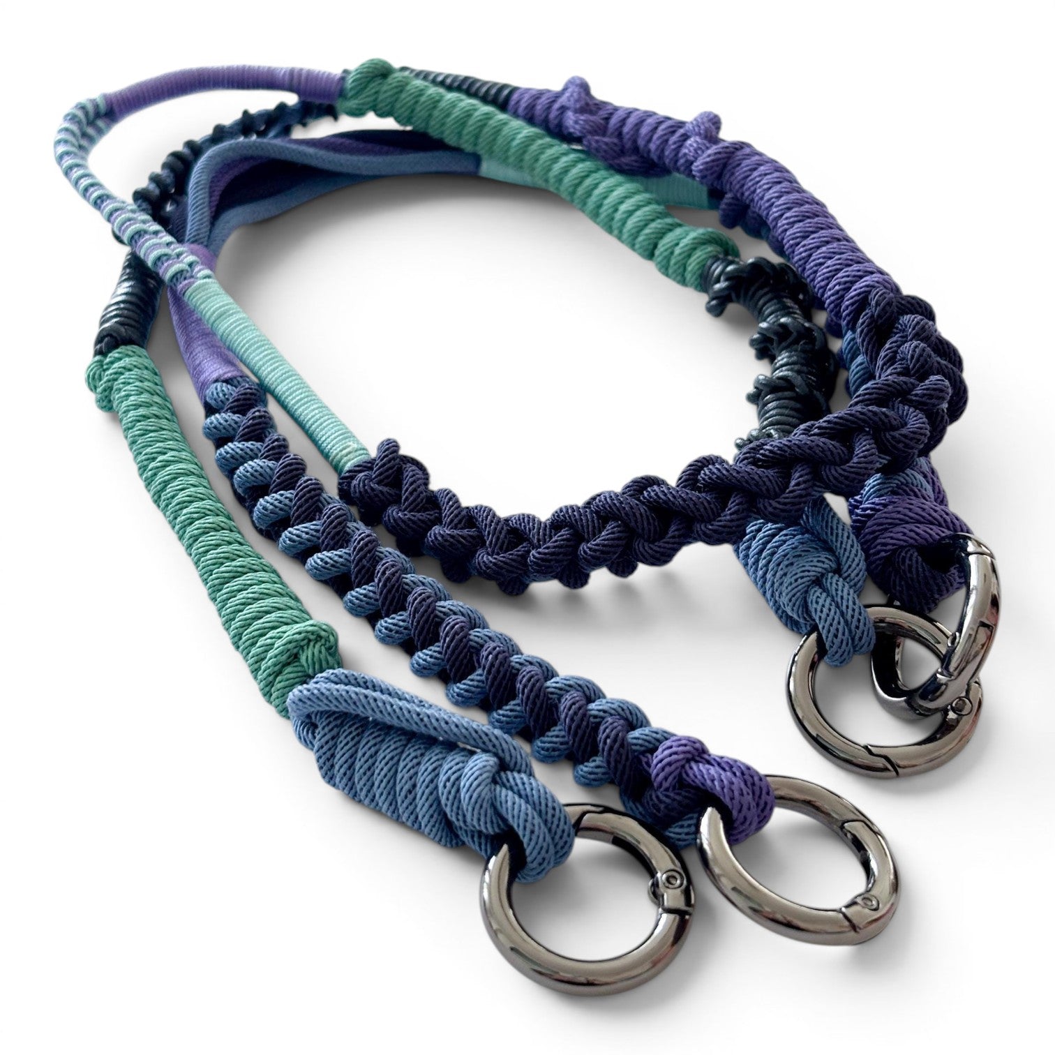 Twilight Blue handmade macramé crossbody strap — moody navy and cool blue Milan cord phone strap flat lay