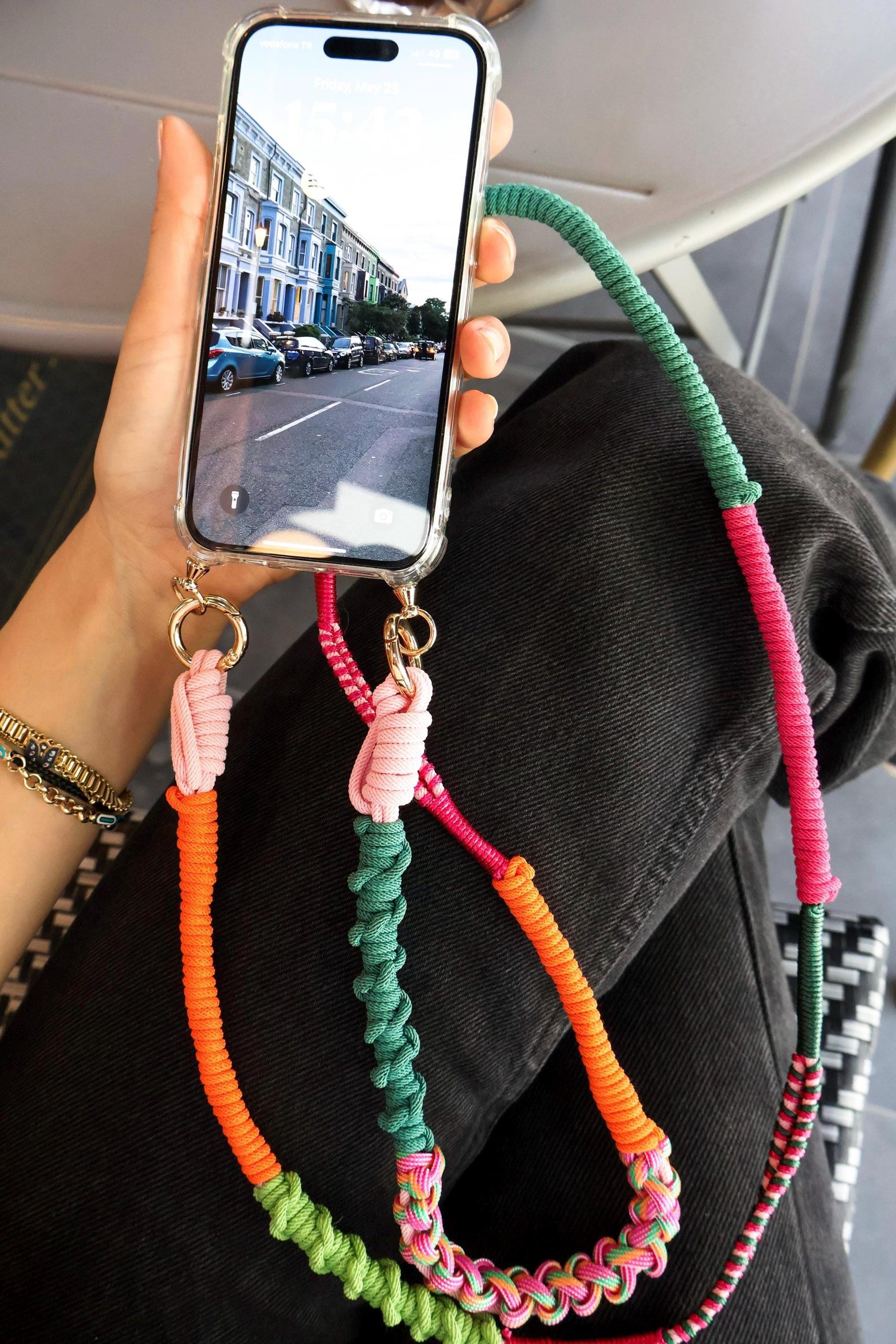 Verdant Dune crossbody strap clip detail - interchangeable hardware and cord colour transition