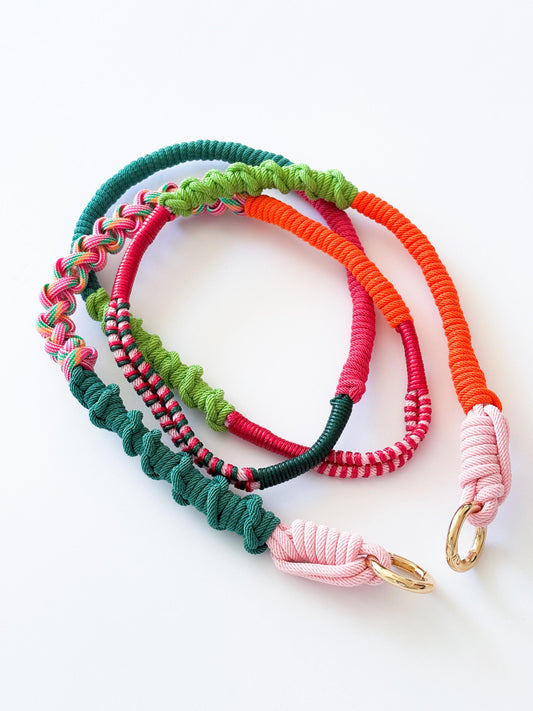 Verdant Dune hand-knotted macrame crossbody strap - Milan cord flat lay on white background
